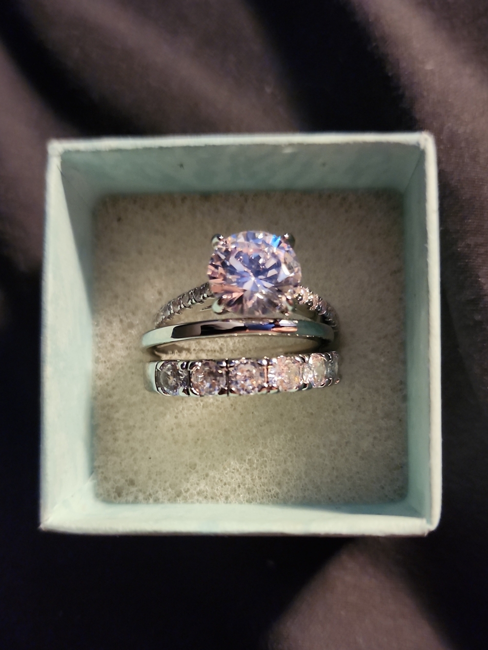 3-Piece Silver White CZ Solitaire Engagement Ring Set - Size 8!